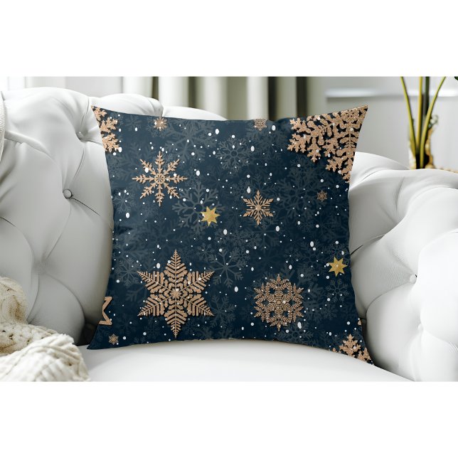 Modern Elegant Rose Gold Glitter Snowflakes Blue Cushion (Creator Uploaded)