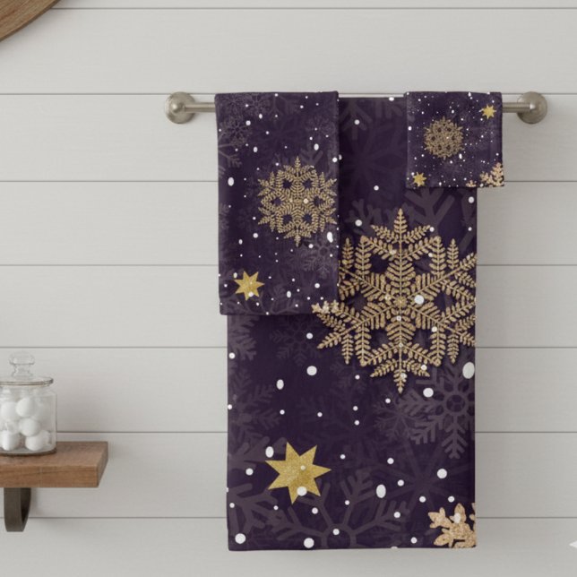 Modern Elegant Rose Gold Glitter Snowflakes Purple Bath Towel Set (Creator Uploaded)