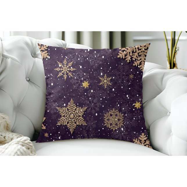 Modern Elegant Rose Gold Glitter Snowflakes Purple Cushion (Creator Uploaded)