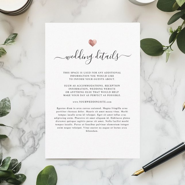 Modern Elegant Rose Gold Heart Wedding Details Enclosure Card (Creator Uploaded)