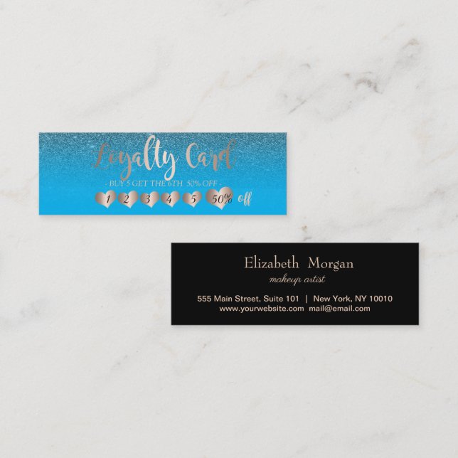 Modern Elegant Rose Gold Hearts, Black Blue Loyalty Card (Front/Back)