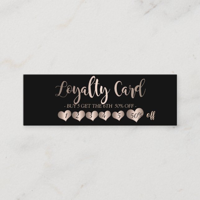 Modern Elegant Rose Gold Hearts, Black Loyalty Card (Front)