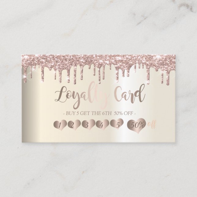 Modern Elegant Rose Gold Hearts,Drips  Loyalty Card (Front)
