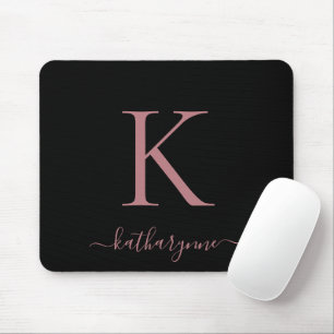 Modern Elegant Rose Gold Monogram Script Black Mouse Mat