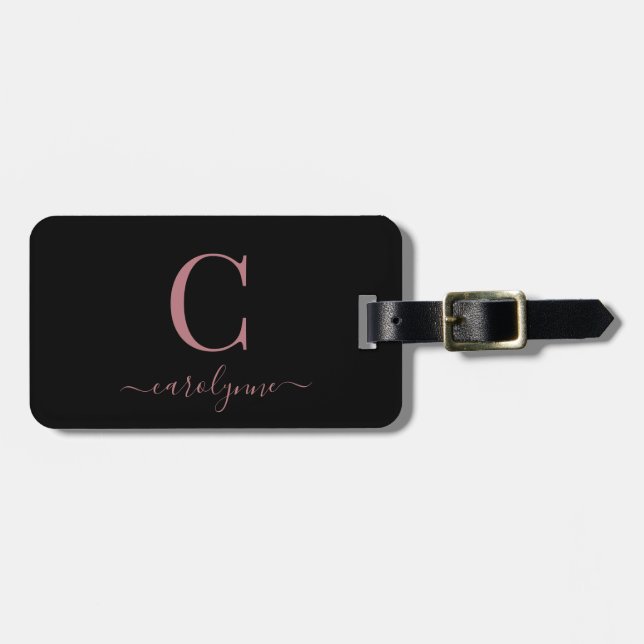 Modern Elegant Rose Gold Monogram Script Luggage Tag (Front Horizontal)