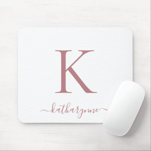 Modern Elegant Rose Gold Monogram Script White Mouse Mat