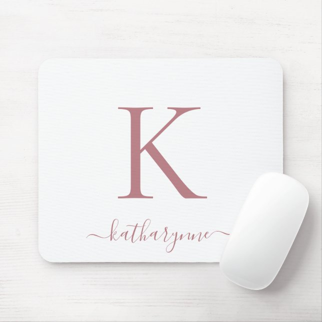 Modern Elegant Rose Gold Monogram Script White Mouse Mat (With Mouse)