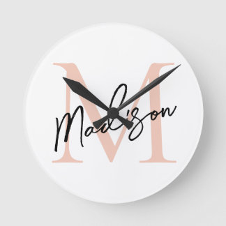 Modern Elegant Rose Gold Personalised Monogram Round Clock