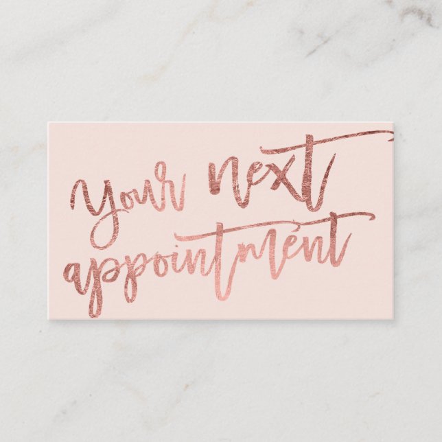 Modern elegant rose gold script typography blush appointment card (Front)