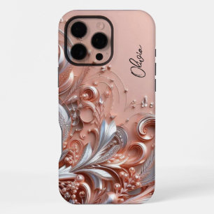 Modern elegant rose gold silver ornamental florals iPhone 16 pro max case