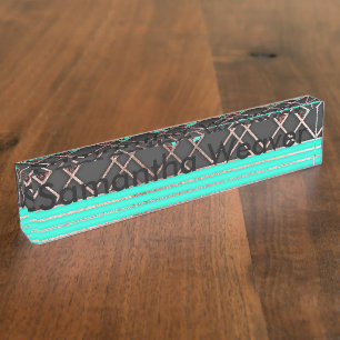Modern Elegant Rose Gold Triangles and Teal Roses Nameplate