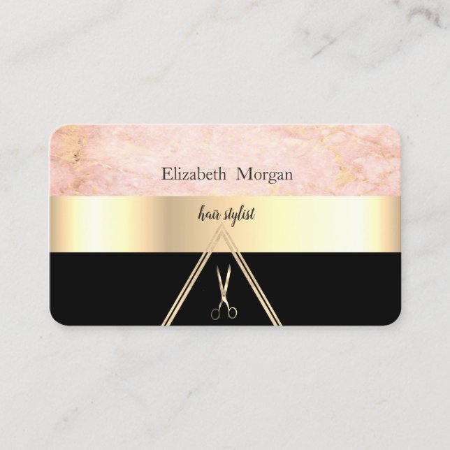 Modern Elegant Rose Marble  Black,Gold,Scissors Business Card (Front)