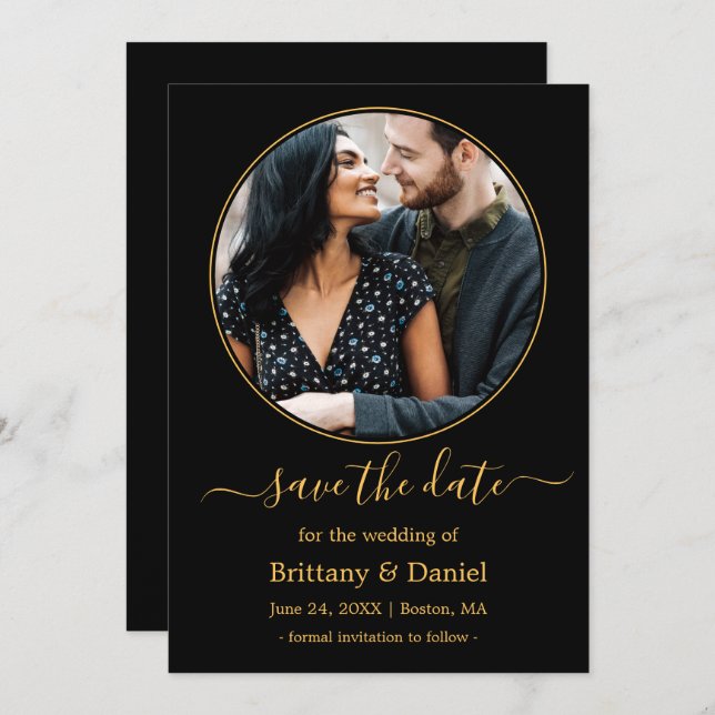 Modern Elegant Round Photo Frame Black Gold Save The Date (Front/Back)