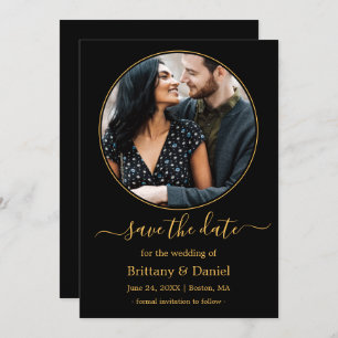 Modern Elegant Round Photo Frame Black Gold Save The Date