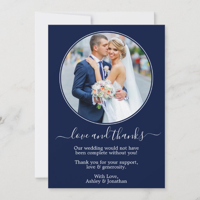 Modern Elegant Round Photo Frame Blue Wedding Thank You Card (Front)