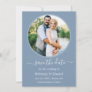 Modern Elegant Round Photo Frame Dusty Blue Save The Date