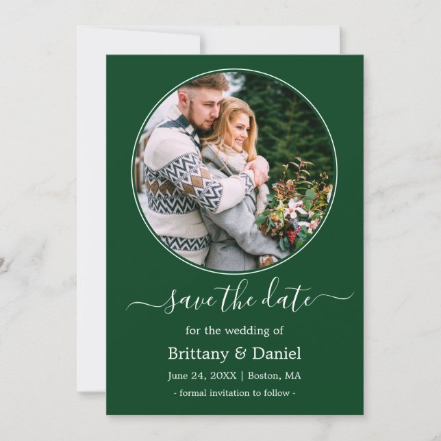 Modern Elegant Round Photo Frame Green Save The Date (Front)