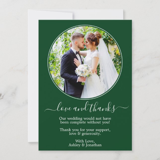 Modern Elegant Round Photo Frame Green Wedding Thank You Card (Front)