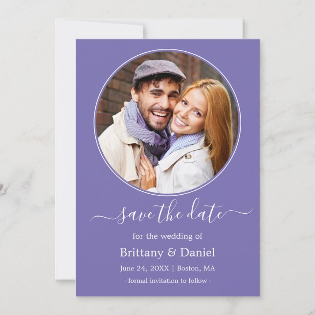 Modern Elegant Round Photo Frame Periwinkle Save The Date (Front)