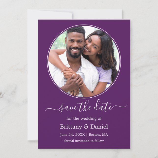 Modern Elegant Round Photo Frame Purple Save The Date (Front)