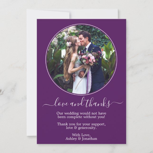 Modern Elegant Round Photo Frame Purple Wedding Thank You Card (Front)