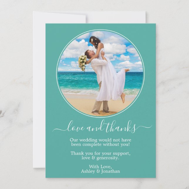 Modern Elegant Round Photo Frame Teal Wedding Thank You Card (Front)