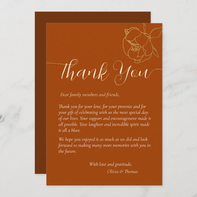 Modern Elegant Rust Brown Fall Wedding Thank You Invitation (Front/Back)
