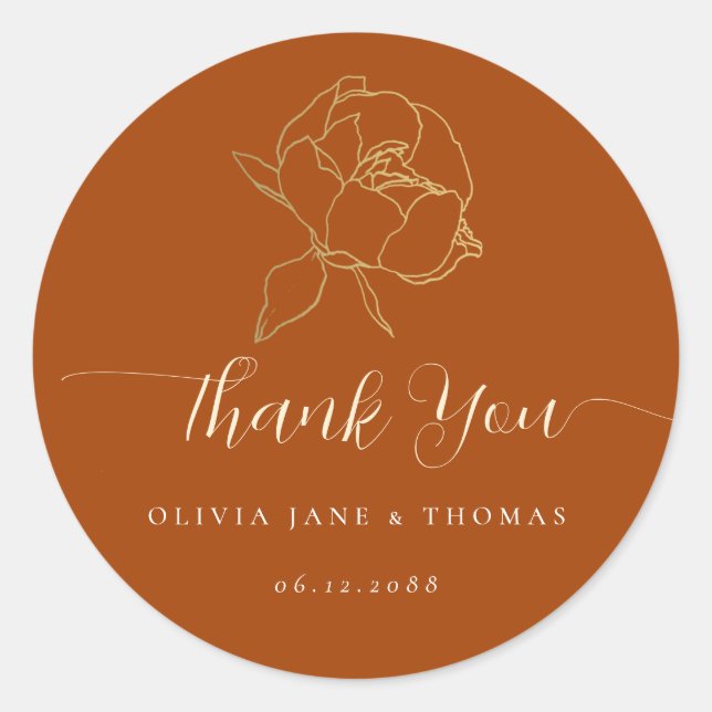 Modern Elegant Rust Fall Floral Wedding Thank You Classic Round Sticker (Front)