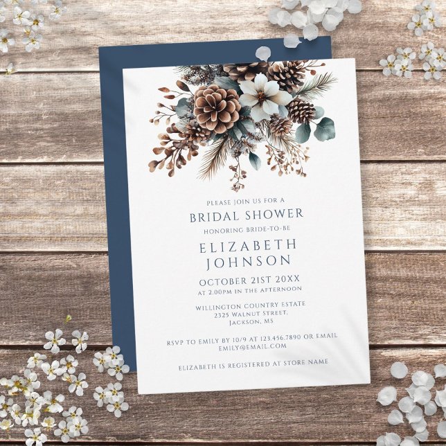 Modern Elegant Rustic Floral Forest Bridal Shower Invitation (Modern Elegant Winter Floral Forest Bridal Shower Invitation)