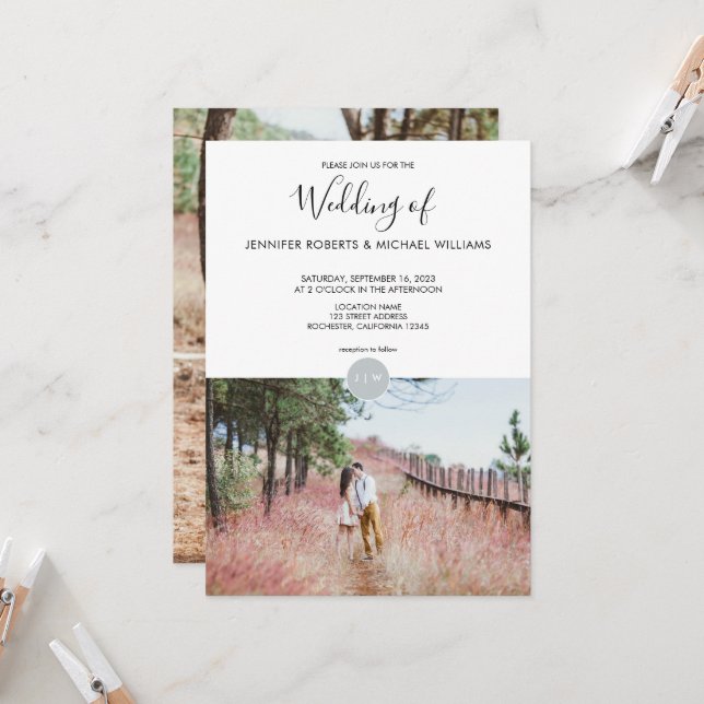 Modern elegant rustic monogram photo Wedding Invitation (Front/Back In Situ)