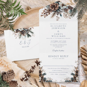 Modern Elegant Rustic Pinecone Floral Wedding All In One Invitation