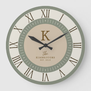 Modern Elegant Sage Cream Tan Monogram Family Large Clock