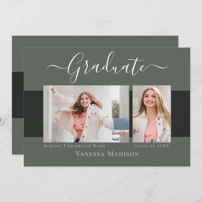 Modern | Elegant Sage Green 2 Photo Graduation Announcement (Front/Back)