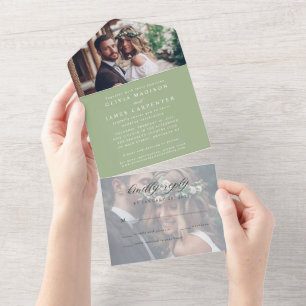 Modern Elegant Sage Green 2 Photo RSVP Wedding All In One Invitation