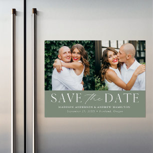 Modern Elegant Sage Green 2 Photo Save the Date Magnetic Invitation