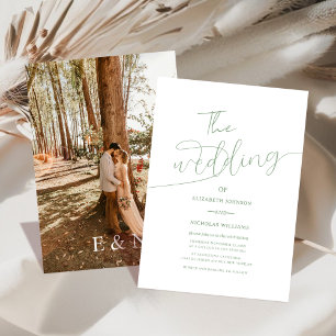 modern elegant sage green and white photo wedding invitation