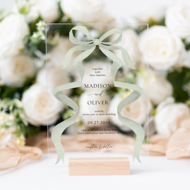 Modern Elegant Sage Green Bow Monogram Wedding Acrylic Invitations (Creator Uploaded)