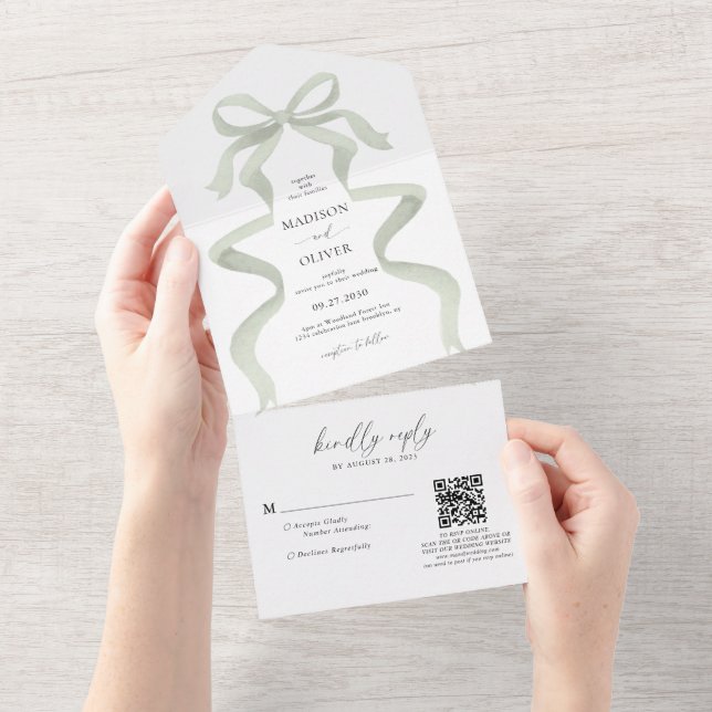 Modern Elegant Sage Green Bow Monogram Wedding All In One Invitation (Tearaway)