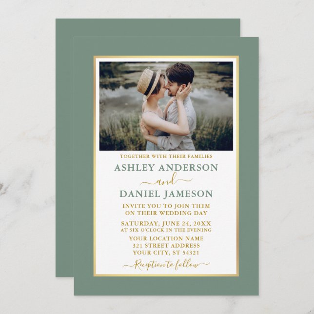Modern Elegant Sage Green Gold Wedding Invitation (Front/Back)
