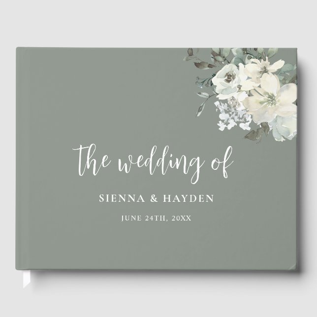 Modern Elegant Sage Green Ivory Floral Wedding Guest Book (Front)