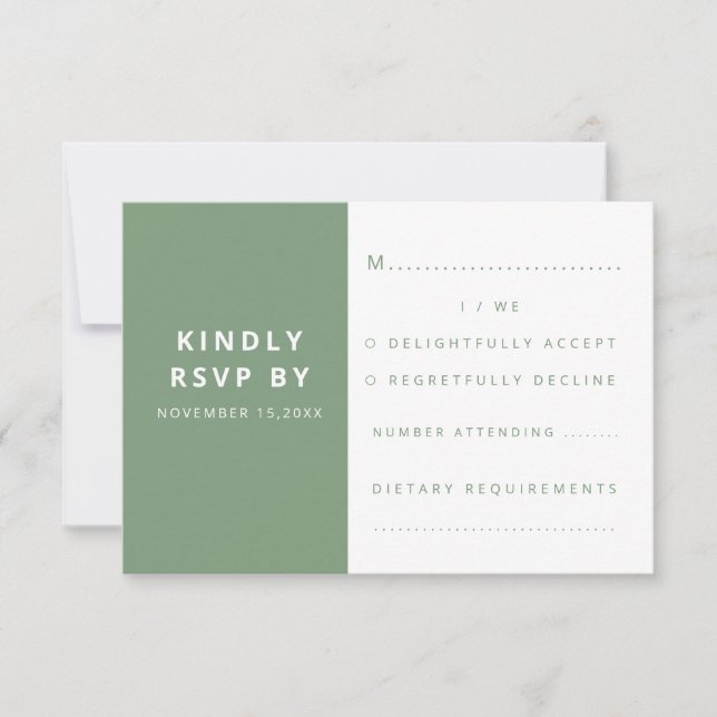 Modern Elegant Sage Green Minimalist Wedding RSVP Card (Front)