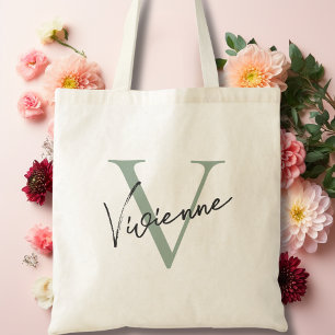 Modern Elegant Sage Green Personalised Monogram Tote Bag