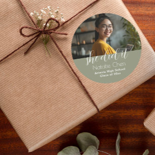 Modern Elegant Sage Green Photo Graduation  Classic Round Sticker