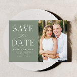 Modern Elegant Sage Green Photo Save The Date<br><div class="desc">Announce your wedding date with this stylish, modern photo save the date card. The design features "Save the Date" in white serif and script fonts with a sage green background. Personalise the minimalist save the date announcement by adding your names, date, wedding location, and photo. The card reverses to a...</div>