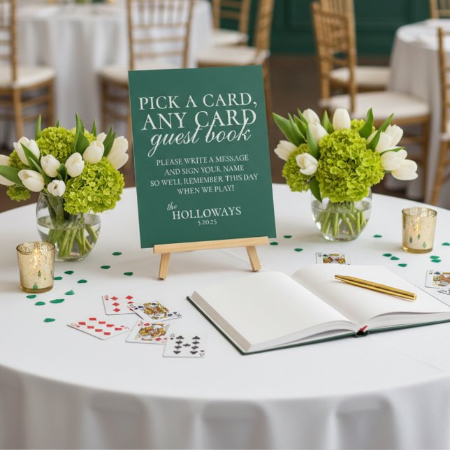Modern Elegant Sage Green Playing Card Guest Book Pedestal Sign (Invite guests to leave a little love in a memorable way with this Sage Green Playing Card sign!)