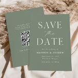 Modern Elegant Sage Green QR Code Save The Date<br><div class="desc">Announce your upcoming nuptials in style with our elegant, modern QR code save the date card. The non-photo save the date features "Save the Date" in white serif and script fonts with a sage green background. Personalise the front of the save the date card by adding your names, wedding date,...</div>