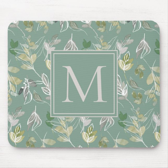 Modern Elegant Sage Green Silver Leaves Monogram Mouse Mat (Front)