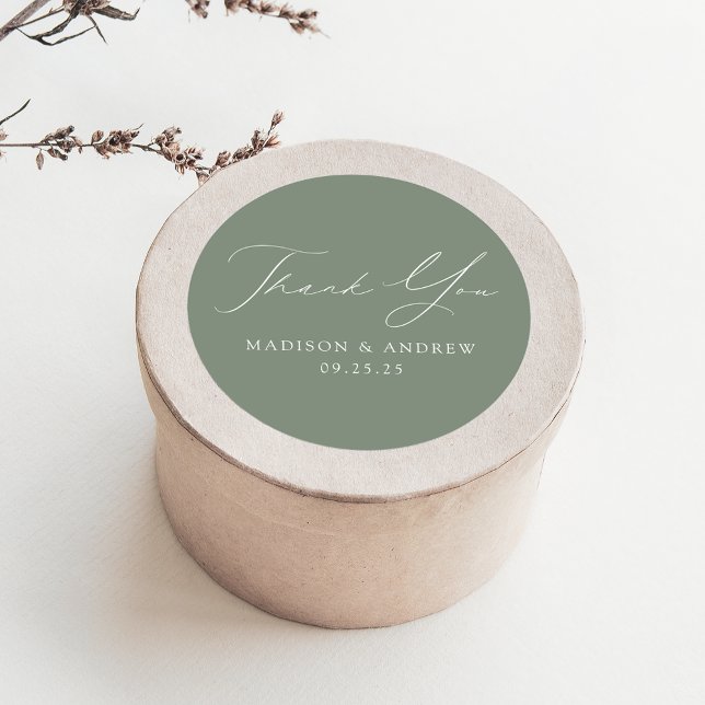 Modern Elegant Sage Green Wedding Thank You Classic Round Sticker (Creator Uploaded)