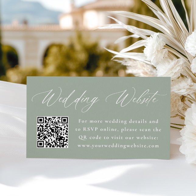 Modern Elegant Sage Green Wedding Website QR Code Enclosure Card (Creator Uploaded)