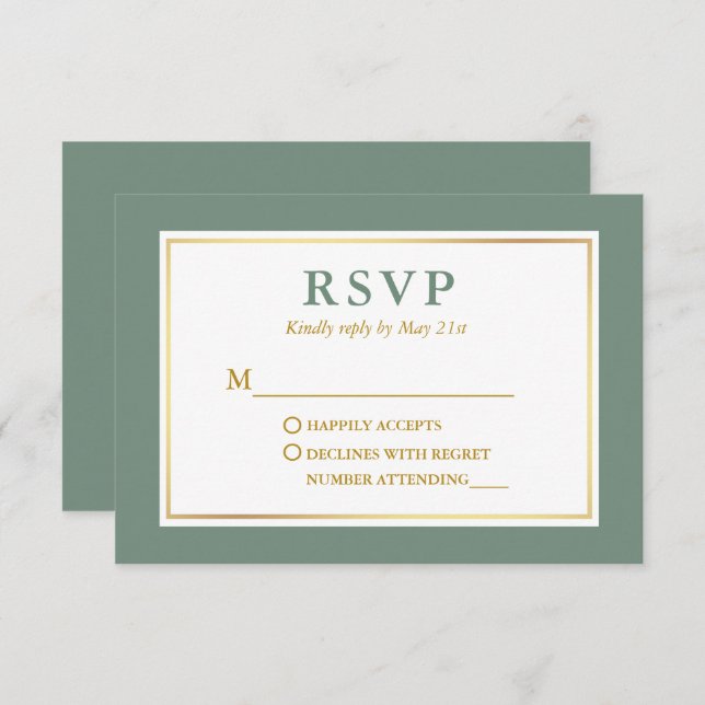 Modern Elegant Sage Green White Gold RSVP Card (Front/Back)